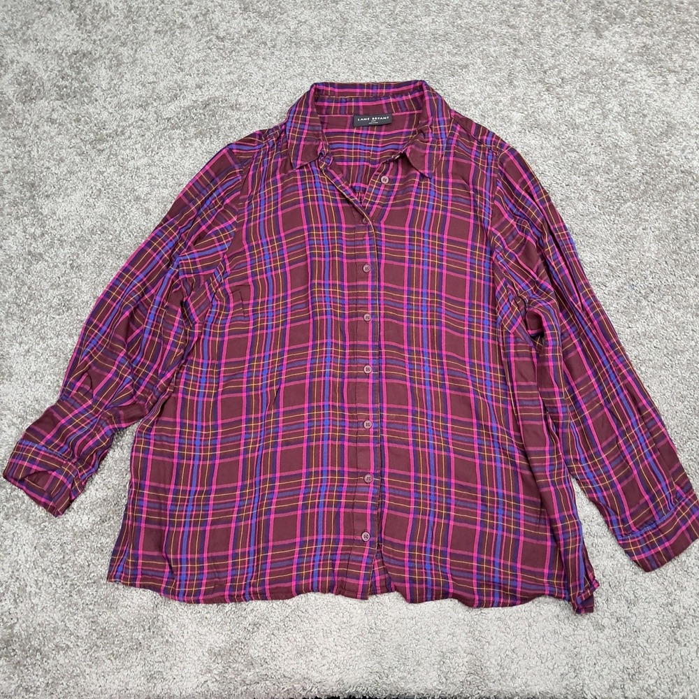 Lane Bryant Womens Plus Size 18/20 Plaid Button Down Shirt Burgundy‎ Rayon Top